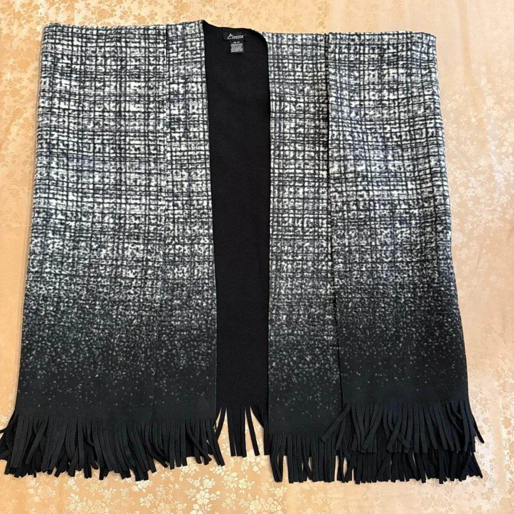 Black White Ombre Ruana Wrap Fringe Poncho Shawl Cardigan Cozy OS Layering Piece